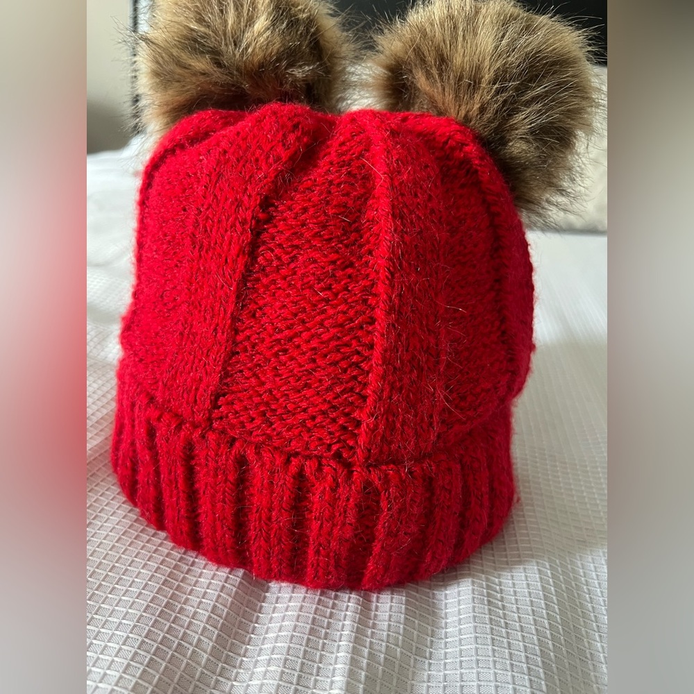 Chic Red Knit Hat with Faux Fur Pom Poms